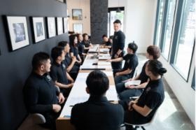 月に１度の全体会議風景です。意見交換の場を設けてます。