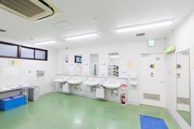 手洗いやローラー掛けを行う、消毒室です。