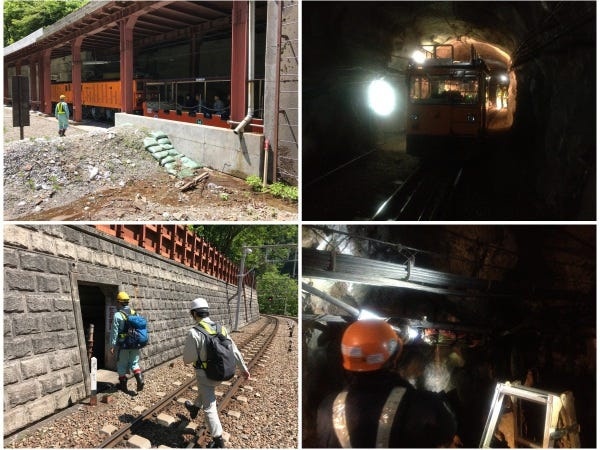 峡谷の鉄道事業者様の現場作業の模様です。総延長20Kmの受変電設備と雨量、風速などの運転情報の監視システムを納入させていただいております。