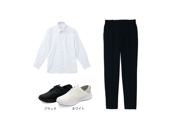 白の襟付きシャツ＋黒ズボン＋白または黒の靴(スニーカー可)※勤務時はベスト着用