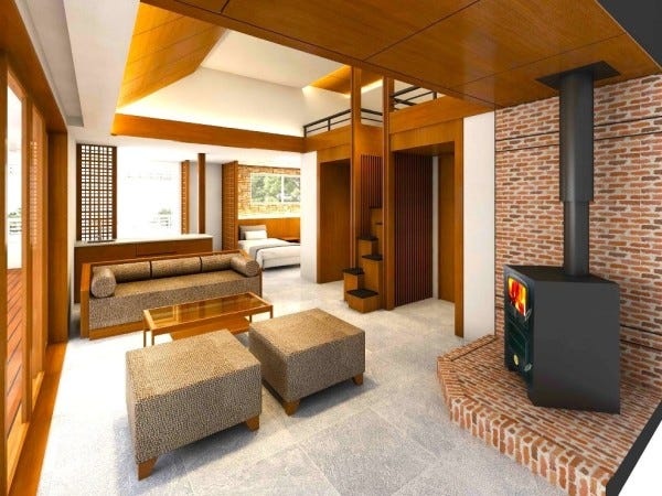 ラグジュアリールームの中に、薪ストーブがあるお部屋も。ストーブを利用し、ちょっとした燻製などを作るのも、非日常の楽しいひと時に♪