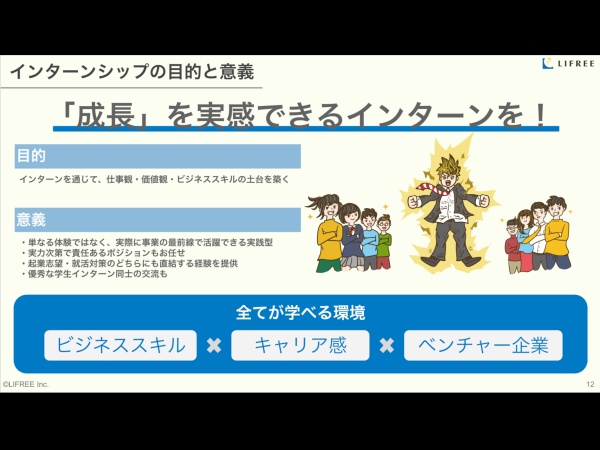 「成長を実感できるインターンを」がコンセプト。単なる職業体験で終わらせず、ビジネススキルを体得しながら、ベンチャー企業を体験できます！