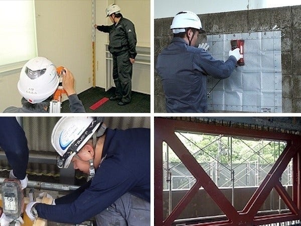 耐震・補強・補修工事の様子。ブロック塀などの点検や沈下調査などから手がけています。鉄骨ブレース工法、炭素繊維巻立て工法など、工法も豊富です。