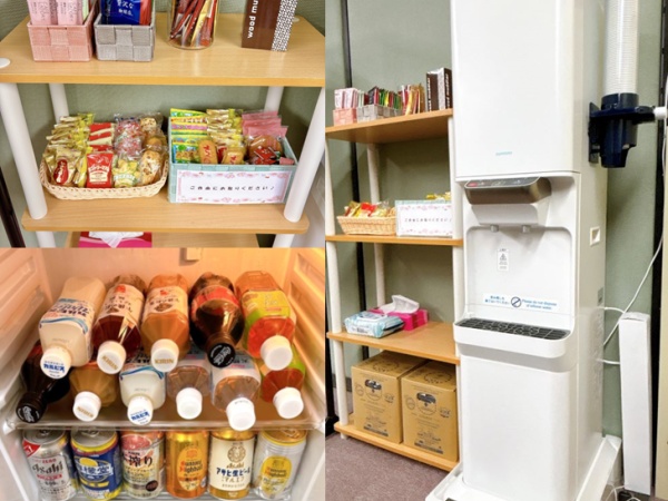 ドリンクやお菓子を常設！リフレッシュしたい時、仲間とゆっくり歓談したい時に！