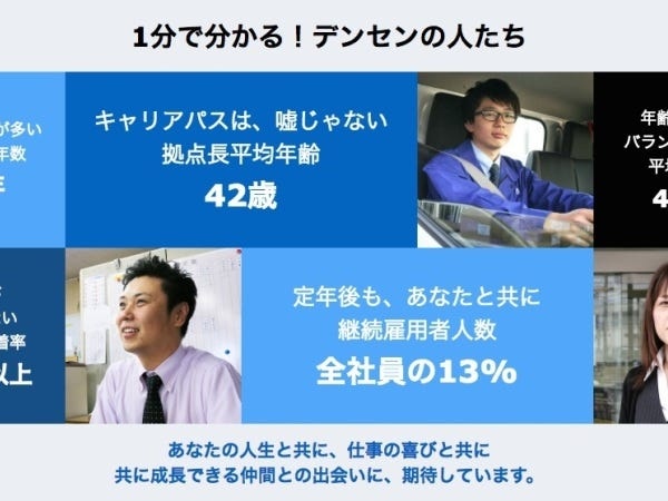 ３０代の若手責任者が多く存在しています。定期採用により若手社員も多く存在。また定年後の継続雇用者も多く、安心して長く働く環境が整っています。