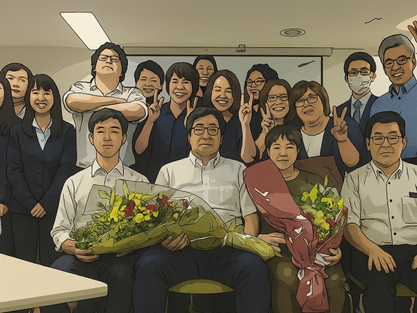 会社の5階の会議室でお祝い時の風景。（※写真加工あり）